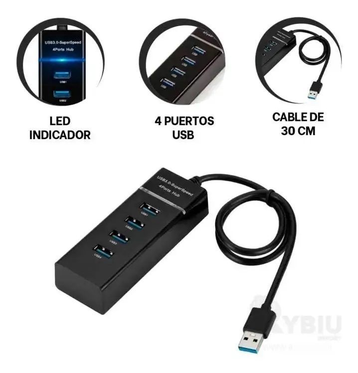 4-Port USB 3.0 Hub, 5 Gbps, Black