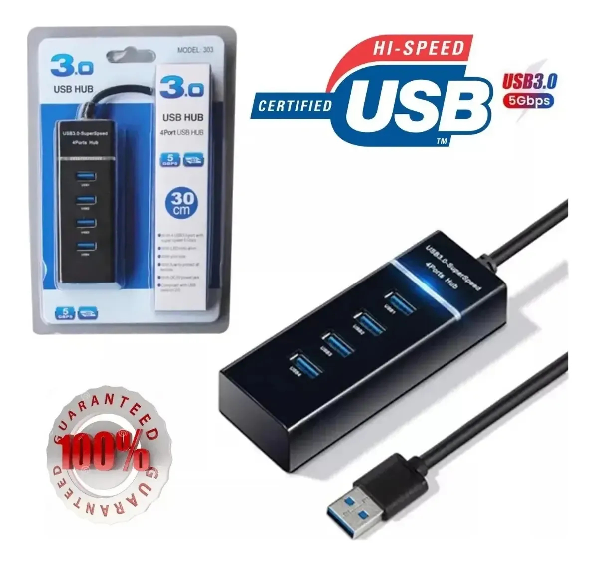 4-Port USB 3.0 Hub, 5 Gbps, Black