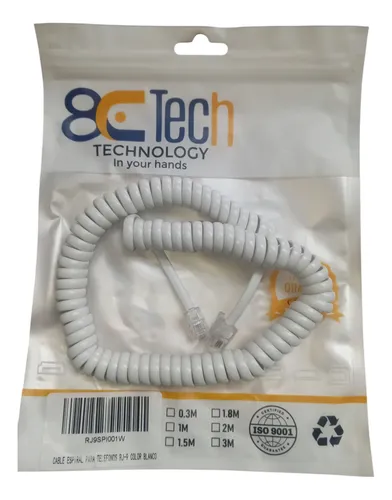 Cable Rj-9 Espiral Para Teléfono Fijo 1m Blanco Blanco